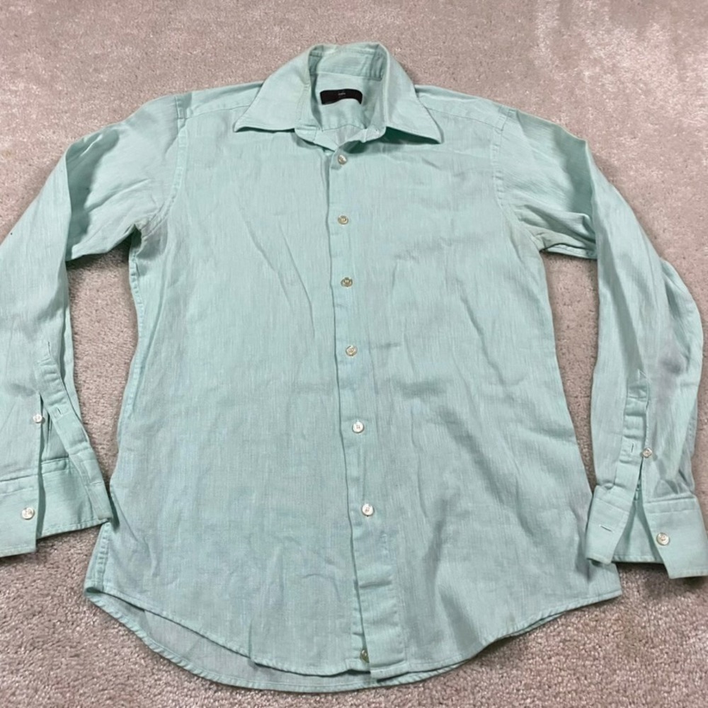 Zegna Shirt Mens Mint Green 100% Linen Herringbone Button Down Shirt 39 15.5
